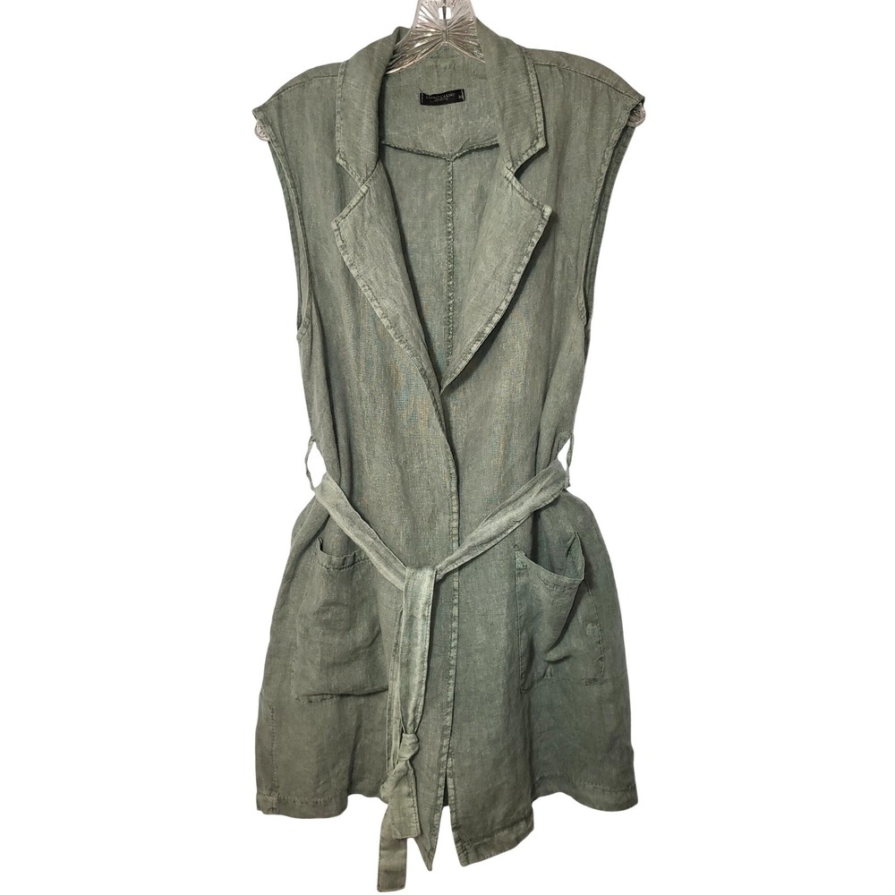 Lungo L'Arno 100% Linen Sleeveless Vest/Cardigan Sage Green Tie Waist MED Boho
